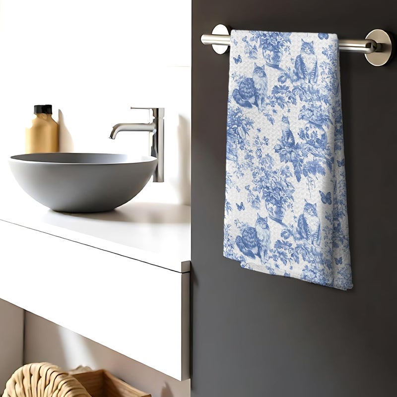 Nipil Chinoiserie Floral Maine Coon Kitchen Towels,Blue and White Cat Decor Kitchen Dish Tea Towels Bathroom Gifts for cat Lovers Women Men,16x24 Inch - Image 3